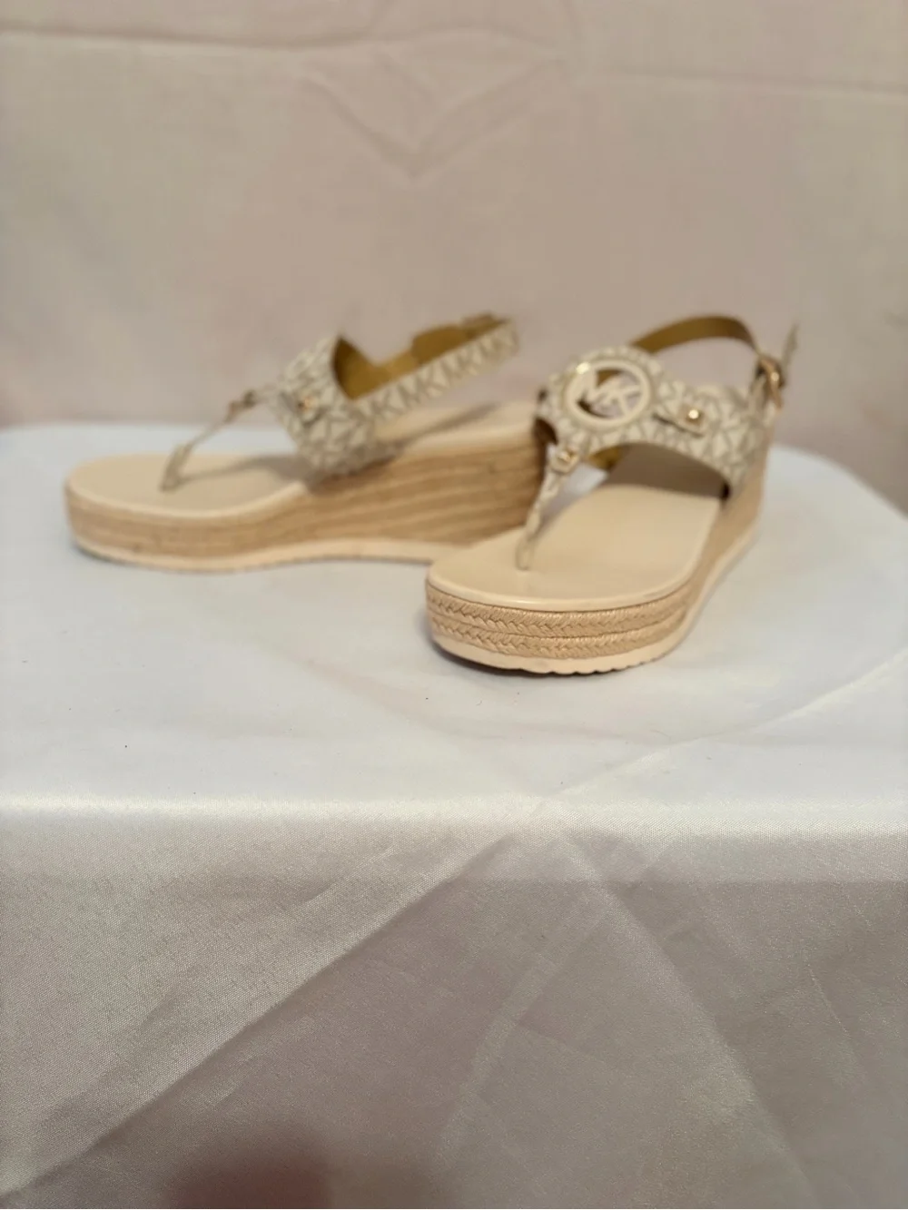 Michael Kors Neutral Beige Logo Espadrille Wedge Sandals